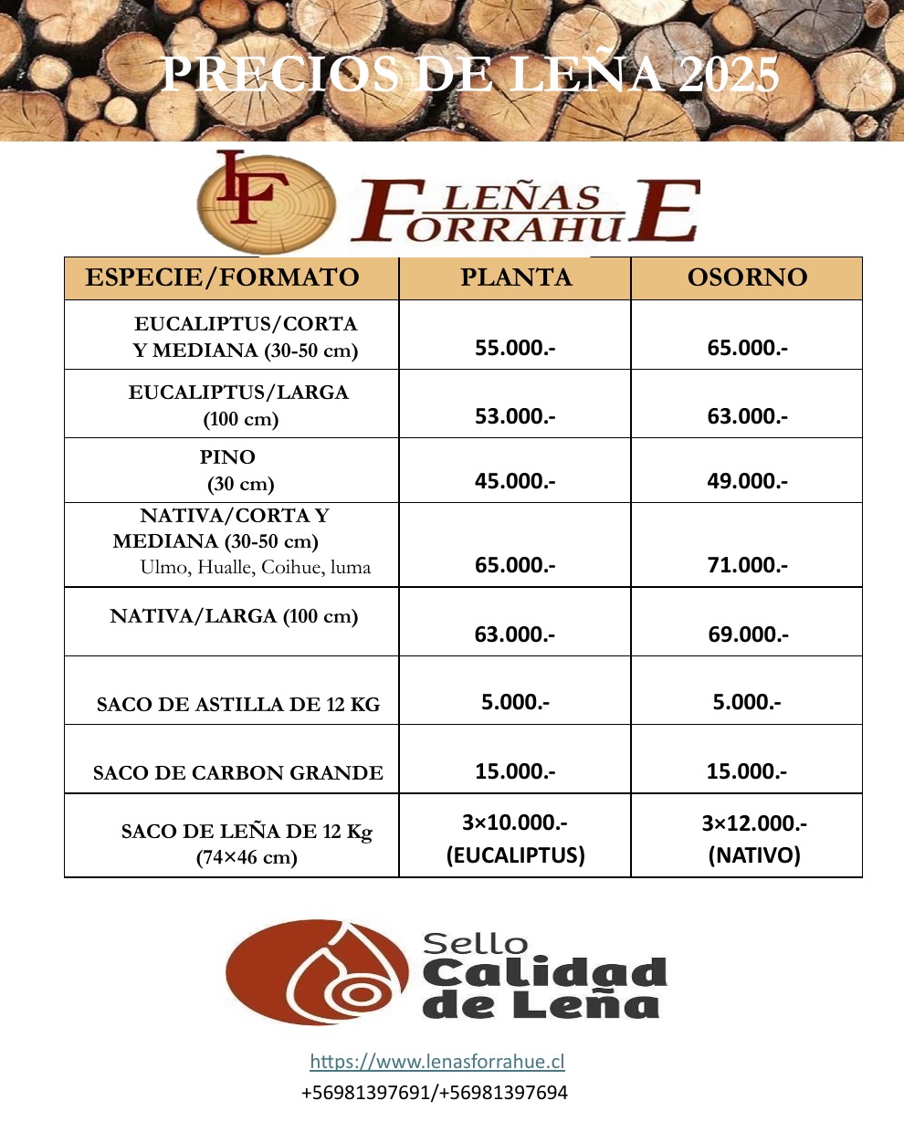 Lista de precios 2024 leña forrahue osorno